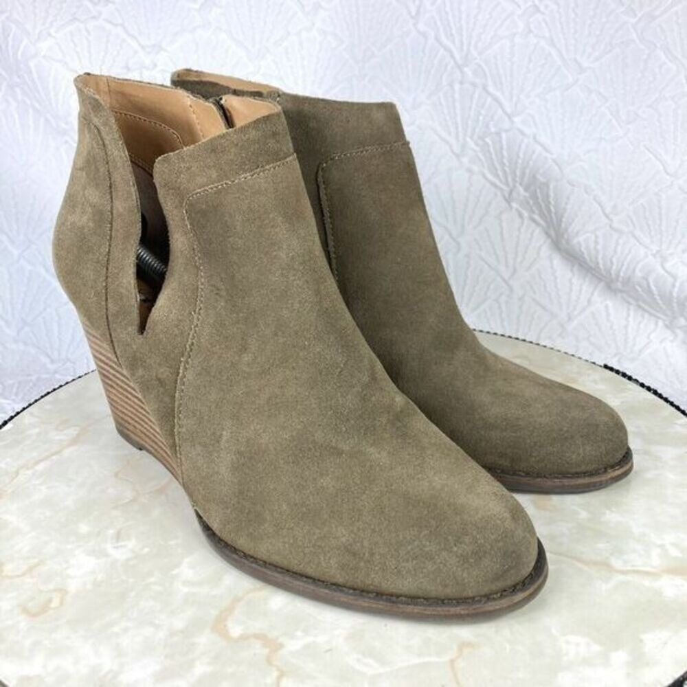 Lucky Brand Yabba Suede Cutout Wedge Booties Womens 10 Olive Green Ankle Boots